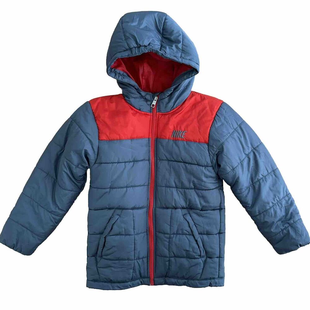 Nike Boys Puffer Jacket Size 6 Gray Red Hooded Winter Coat Quilted Zip